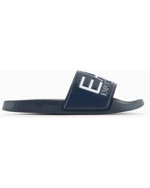 EA7 Logo Slides With A Wide Band And Anti-Slip Rubber Soles - Blue