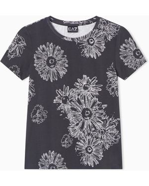 EA7 Graphic Series Stretch Jersey T-Shirt With Floral Print - Grey