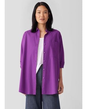 Eileen Fisher Washed Organic Cotton Poplin Classic Collar Long Shirt - Purple