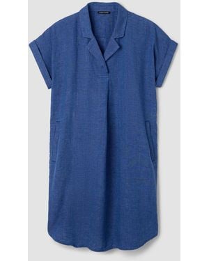 Eileen Fisher Washed Organic Linen Delave Notch Collar Dress - Blue