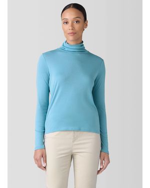 Eileen Fisher Ribbed Pima Cotton Blend Turtleneck Top - Blue