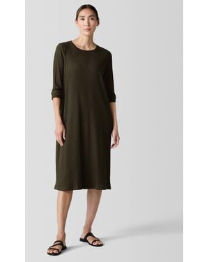 Eileen Fisher Textured Stretch Rib Crew Neck Dress - Black