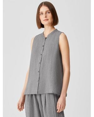 Eileen Fisher Puckered Organic Linen Mandarin Collar Shirt - Gray