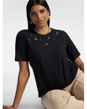 Elena Miro T-shirt con ricamo floreale e strass - Nero