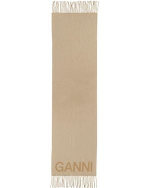 Ganni Scarf With Logo - Natural