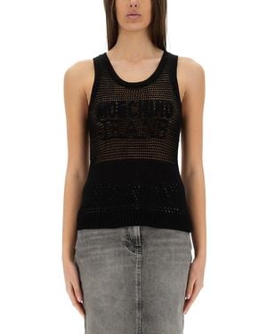 Moschino Textured Mesh Top With Bold Logo Design - Black