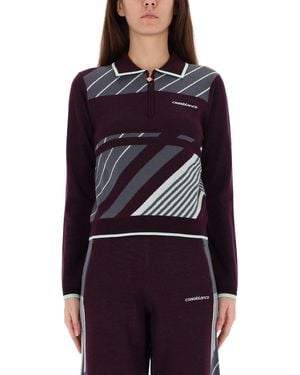 CASABLANCA Fitted Long-Sleeve Polo With Zip-Up Collar And Diagonal Stripes - Purple