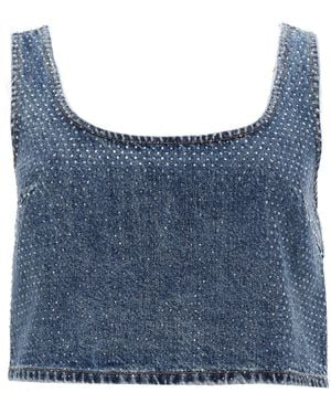 Self-Portrait Denim Crop Top With Rhinestones - Blue