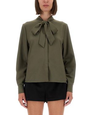 Self-Portrait Twill Shirt With Bow - Green