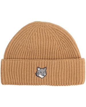 Maison Kitsuné Beanie With Fox Patch - Brown