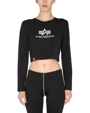 Alpha Industries Cropped Fit Cotton Jersey T-shirt With Logo Print - Black