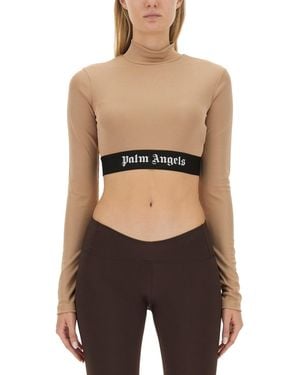 Palm Angels Cropped Top With Logo - Brown