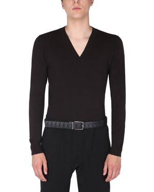 Bottega Veneta V-Neck Wool Jumper With Contrasting Stitch - Black
