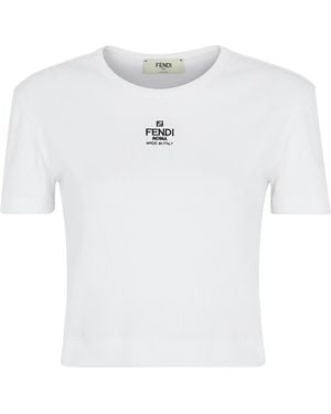 Fendi Logo Embroidered Crewneck Cropped T-Shirt - White