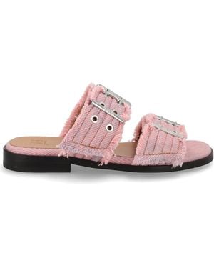 Ganni Buckle Fringed Denim Sandals - Pink