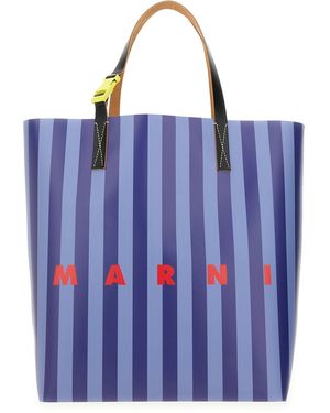 Marni Striped Tribeca Shopping Bag With Logo - Blue