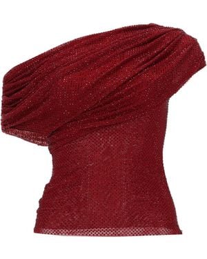 Self-Portrait Off-The-Shoulder Draped Crystal-Embellished Mesh Top - Red