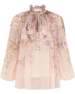 Zimmermann Floral Sheer Tie-Neck Blouse - Pink