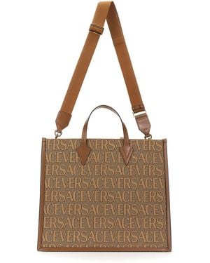 Versace Borsa Shopper Con Logo Allover - Marrone