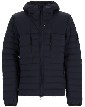 Stone Island Piumino Con Cappuccio Con Finitura Antigoccia - Blue