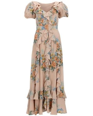 McQueen Floral Print Ruched Silk Dress - Natural