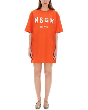 MSGM Short Dress With Logo - Orange