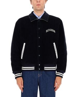 Dolce & Gabbana Corduroy Jacket With Embroidered Logo - Blue