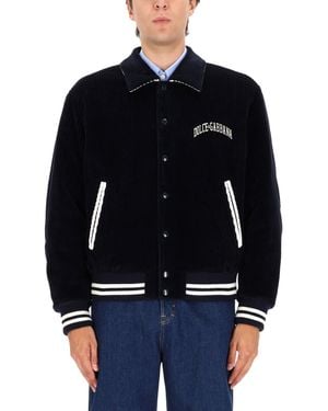 Dolce & Gabbana Corduroy Jacket With Embroidered Logo - Blue
