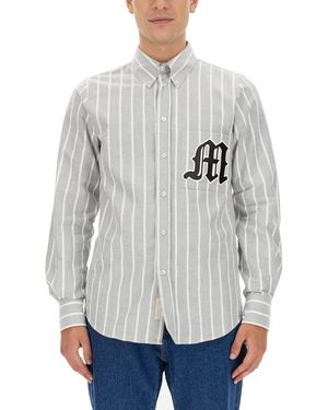 MSGM Vertical Striped Cotton Shirt With Logo Detail - Grey