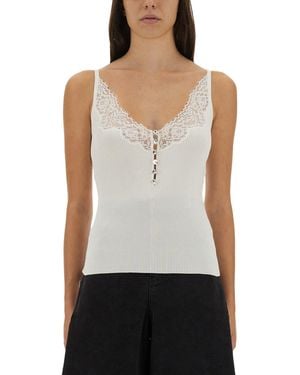 Self-Portrait Ribbed Top With Lace Trim - White