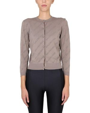 Balenciaga Allover Logo Cropped Cardigan - Grey