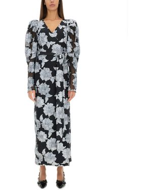 ROTATE BIRGER CHRISTENSEN Long Floral Dress With Deep V-Neckline - Black