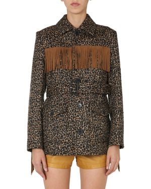 Saint Laurent Fringed Wool And Alpaca Felt Jacket With Leopard Print - Black