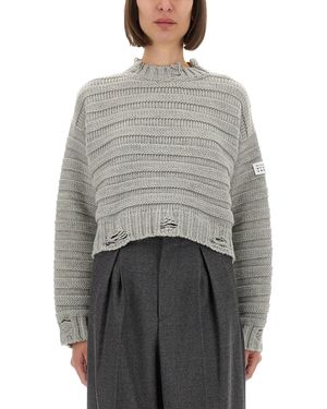 MM6 by Maison Martin Margiela Cropped Textured Knit Pullover With Distressed Hem - Grey