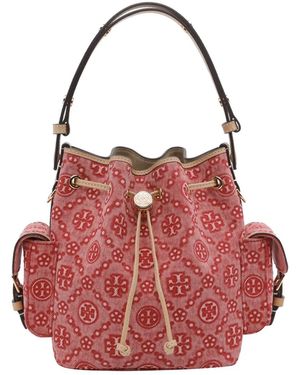 Tory Burch T Monogram Denim Bucket Bag - Red