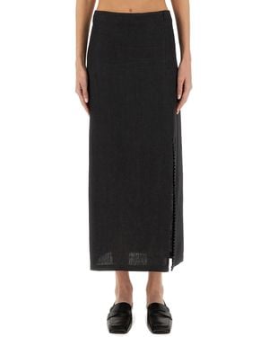 Alysi Linen Skirt With Slit - Black