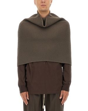 Rick Owens Ribbed Knitted Cape With Structured Collar - Brown