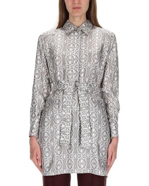 Max Mara Printed Silk Chemisier Dress - Gray
