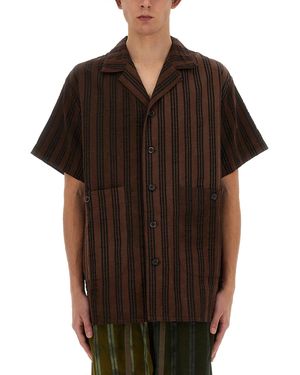 Uma Wang Striped Shirt With Oversized Collar And Textured Fabric - Black