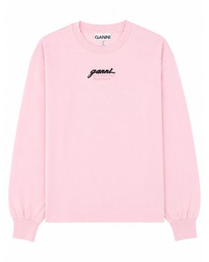 Ganni T-Shirt A Manica Lunga Con Logo E Stampa - Pink