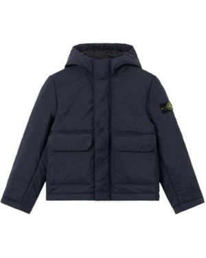 Stone Island Hooded Padded Jacket With Hook-And-Loop Pockets Recycled Nylon Canvas - Blue