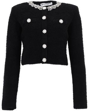 Self-Portrait Cropped Crystal-Embellished Cotton-Blend Bouclé Cardigan - Black