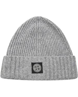 Stone Island Beanie With Compass Patch Ribbed Wool Cashmere - Gray