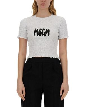 MSGM Cropped T-Shirt With Logo - White