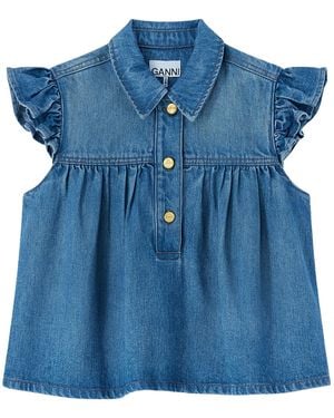 Ganni Denim Ruffle Top - Blue