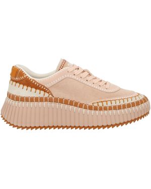 Chloé Nama Embroidered Leather-Trimmed Suede Platform Trainers - Pink