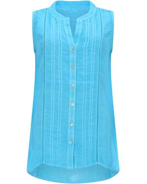 120% Lino Top Smanicato A Camicia - Blue