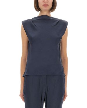 Theory Cap Sleeve Satin Top With Design - Blue