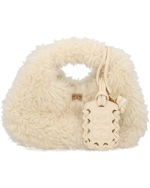 Ganni Faux Fur Hobo Bag Recycled Polyester Handbags - Natural