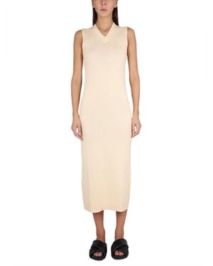 Aspesi V-Neck Long Dress With Ribbed Edges - Natural